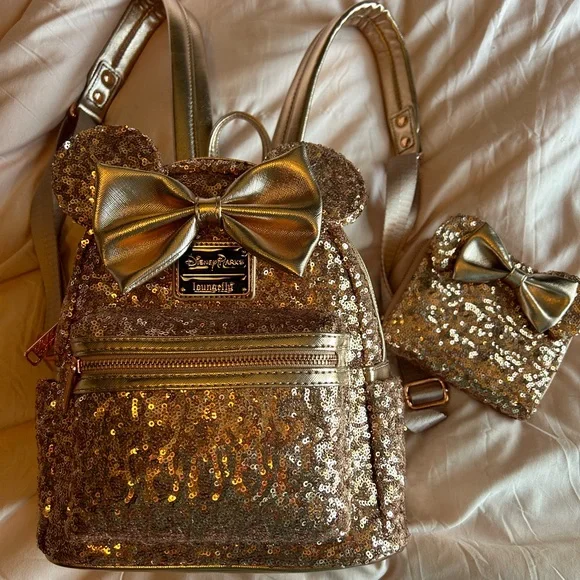 Disney Parks Rose Gold Loungefly Minnie Mouse Mini Backpack Wallet!